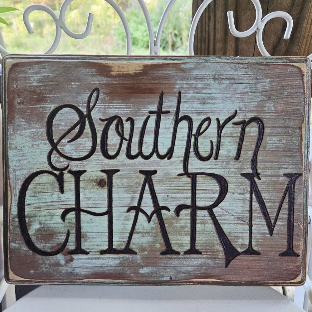 Handmade, Rustic, And Distressed Blue "Southern Charm" Sign - Picture 2 of 7